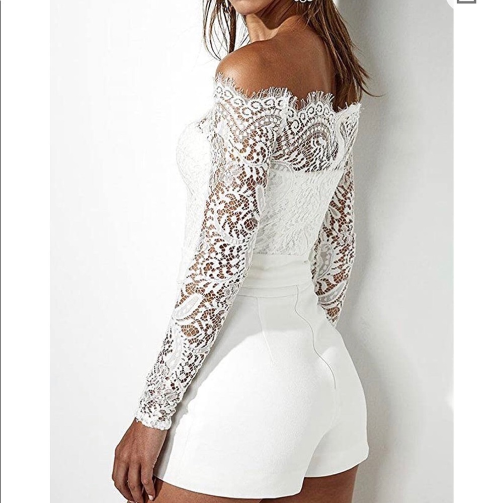 NEW- white lace appliqué romper with tie belt - Picture 2 of 5
